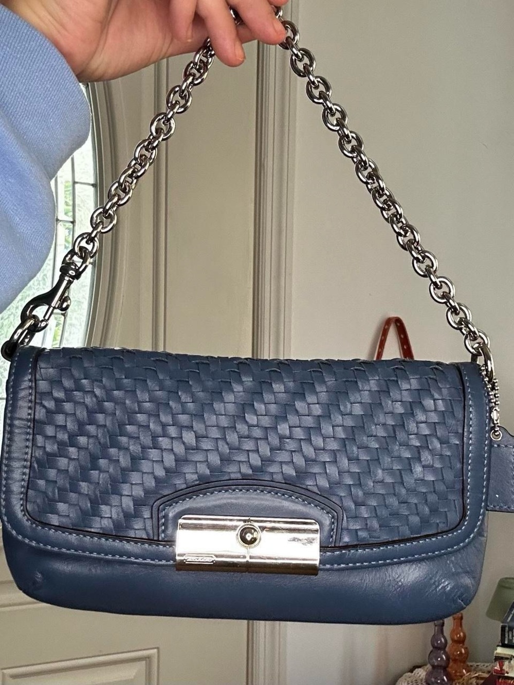 Coach Navy Blue Woven Leather Mini Shoulder Bag with Silver Chain